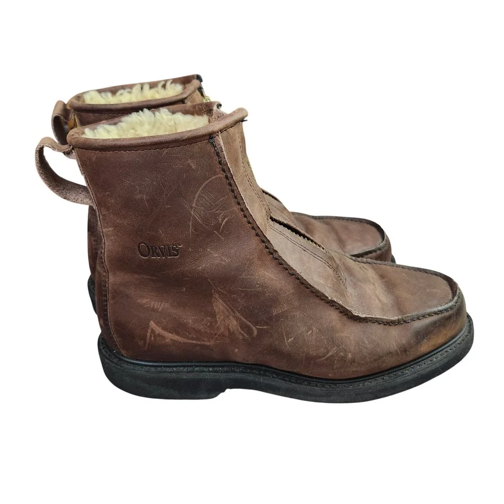 Orvis Mens Brown Leather Shearling Lined Front Zip Moc Toe Boots Size 9